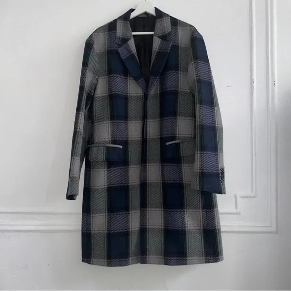 Acne Studios Oversized Plaid Wool Blend Coat in Navy, Grey & Green size US38 - Picture 13 of 14